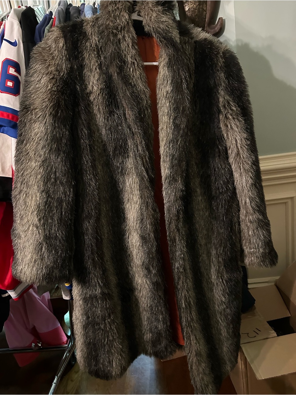 Plush Long Faux Fur Coat in Dark Brown